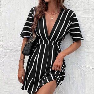 Black Casual Women's Striped Plunging Neck A-line Dress